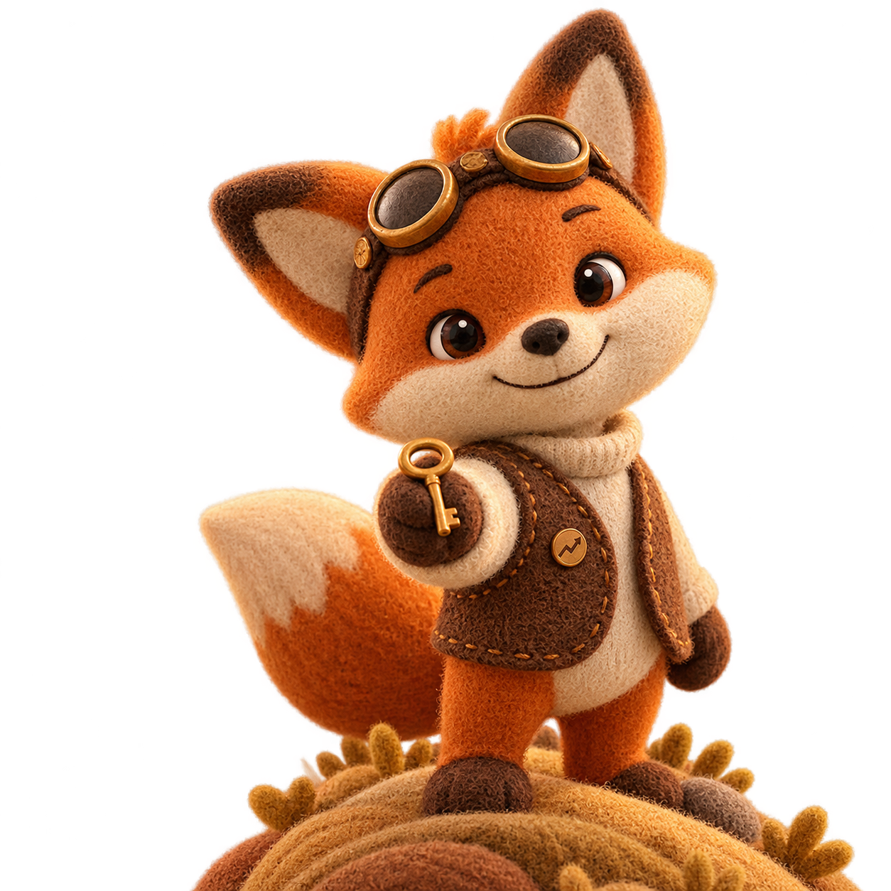 Raposa de feltro oferecendo uma chave dourada